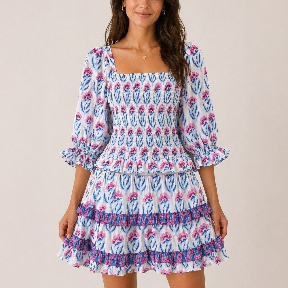 Oliphant Smocked Top & Flirty Skirt Poppy Blue Floral 2 Piece Boho Cottagecore L